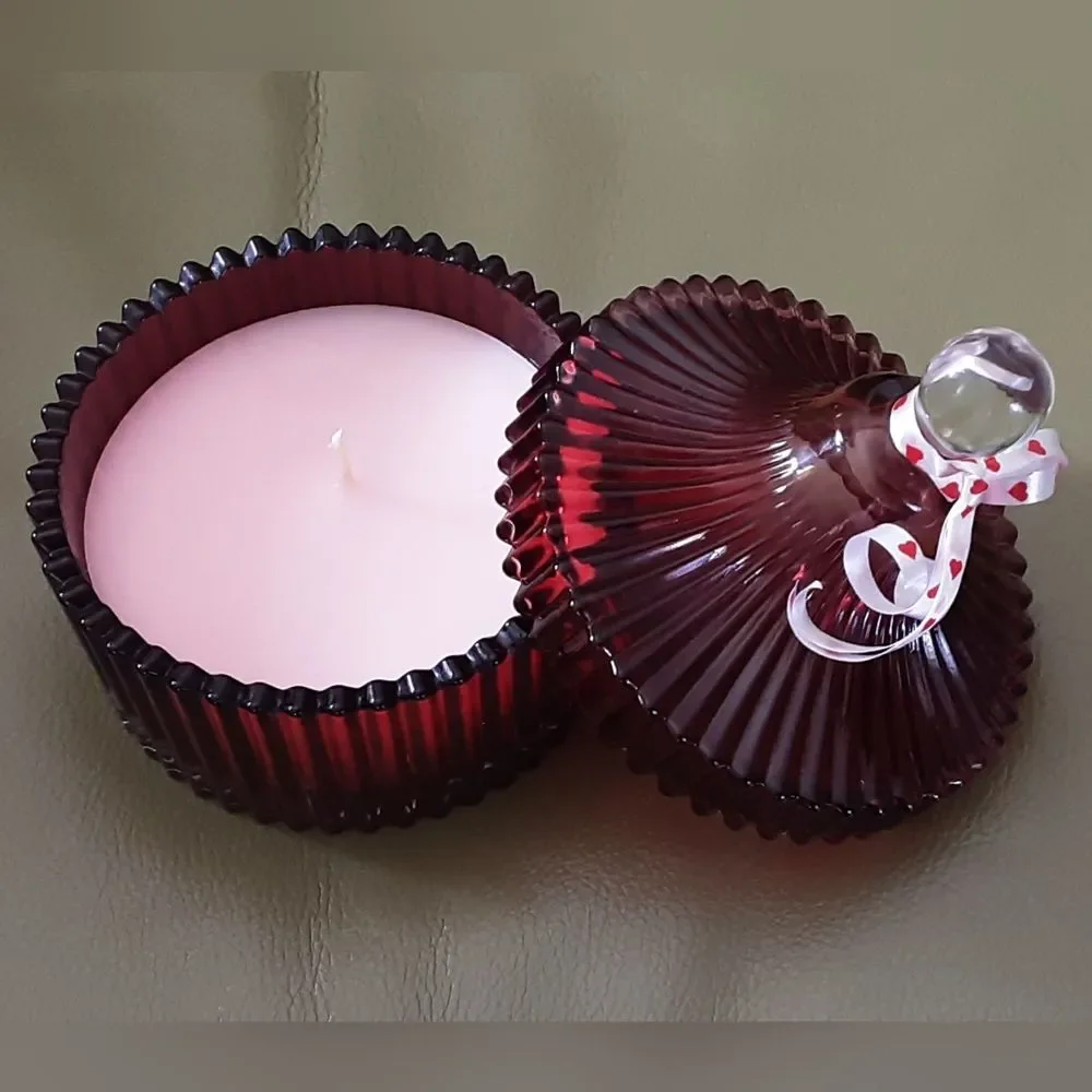Decorware Inc. Ribbed Cranberry Covered Glass Candle Jar - Vtg